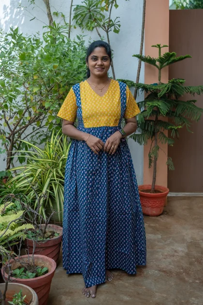 Cotton Nighty Non Feeding Navy Blue with Mustard Yellow