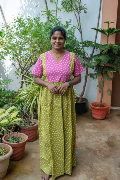 Cotton Nighty Non Feeding Olive Green with Pink