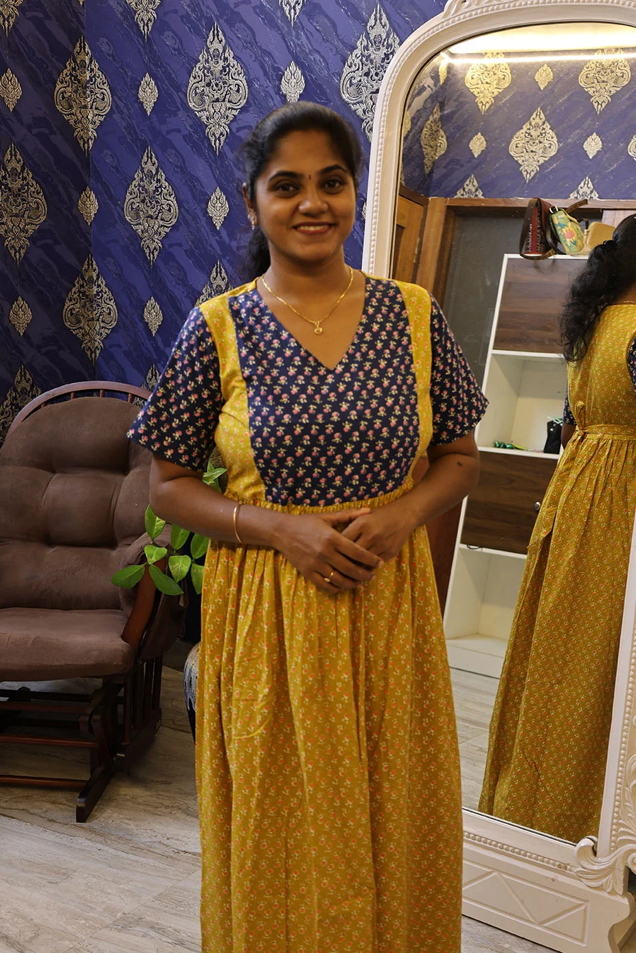 Cotton Nighty Non Feeding Mustard yellow with Navy Blue - Image 3