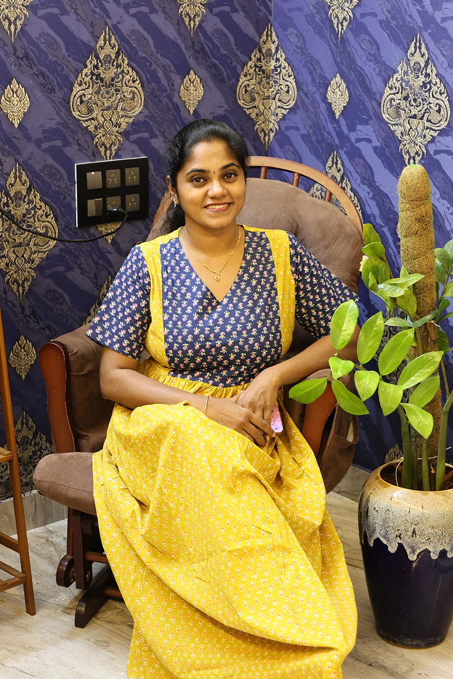 Cotton Nighty Non Feeding Mustard yellow with Navy Blue - Image 2