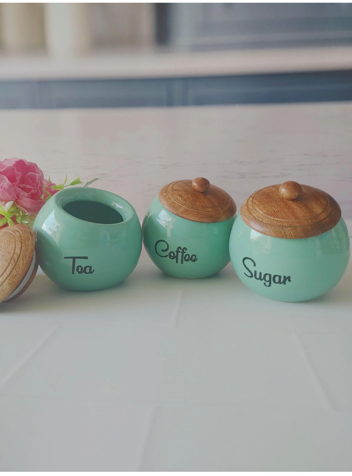 Blue Ceramic Tea Sugar And Coffee Canister With Tray - Image 3