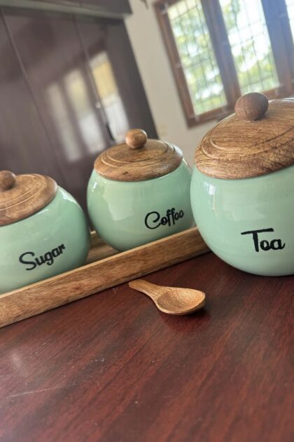 Blue Ceramic Tea Sugar And Coffee Canister With Tray