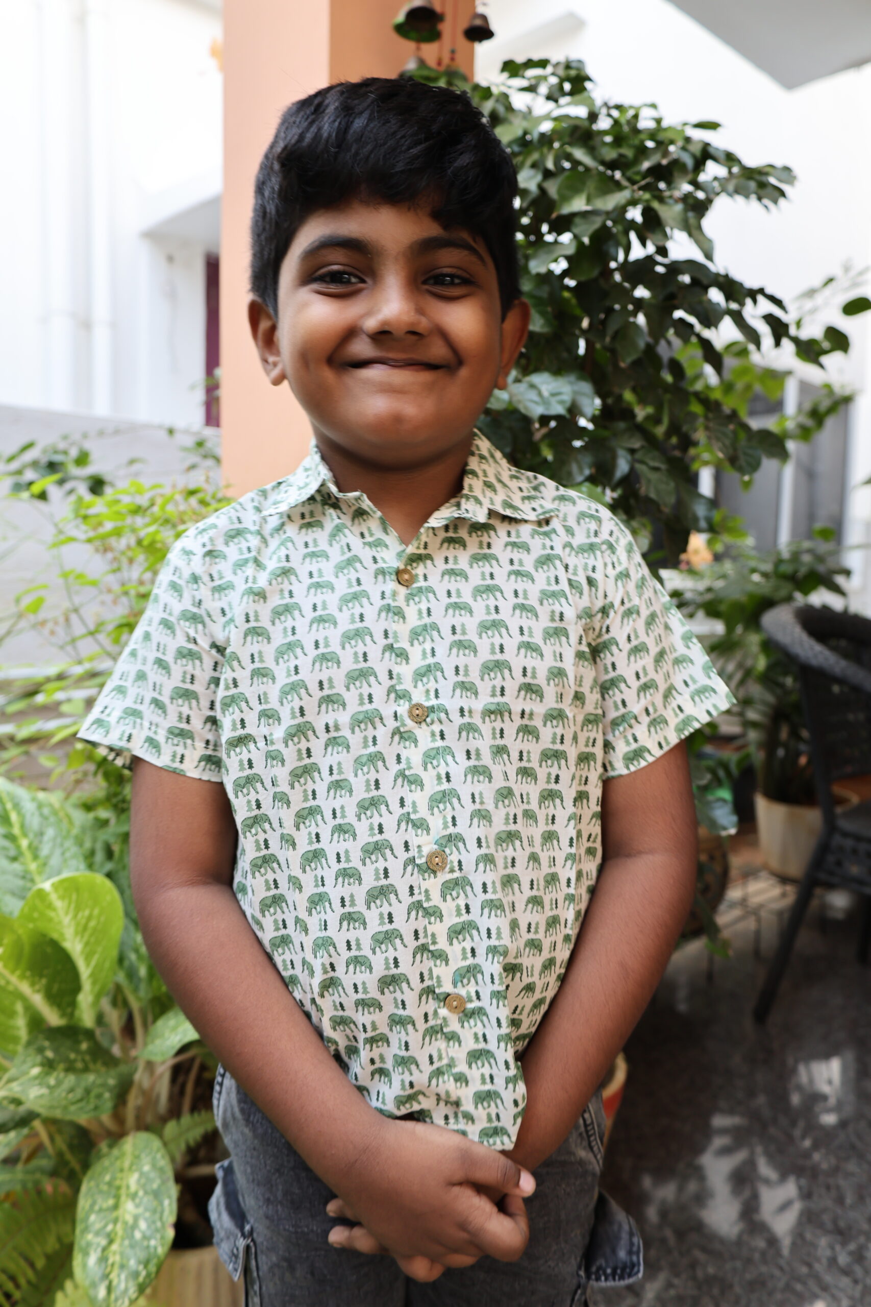 Cotton Kids Boys Shirt White With Green Elephant - Image 3