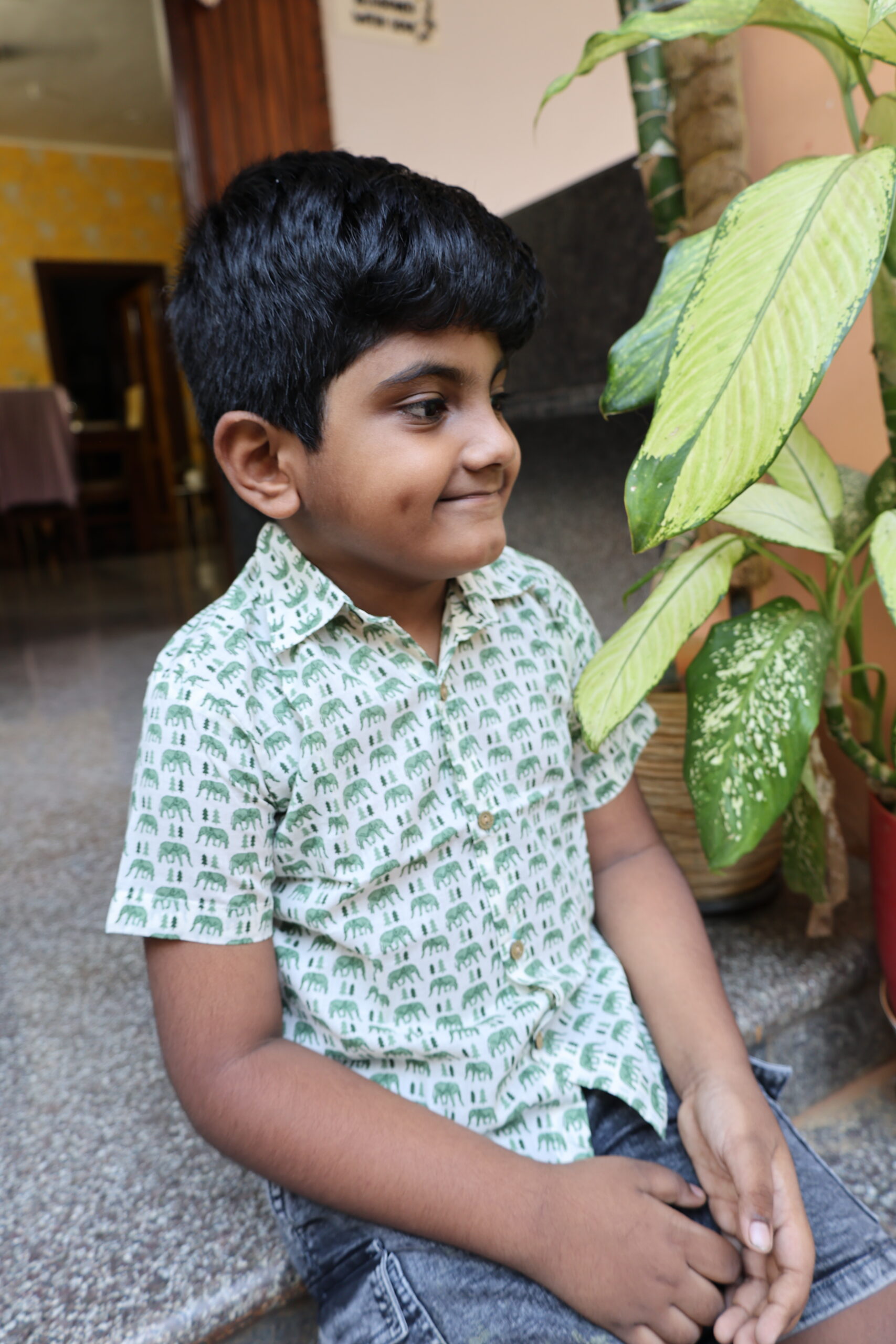 Cotton Kids Boys Shirt White With Green Elephant - Image 2