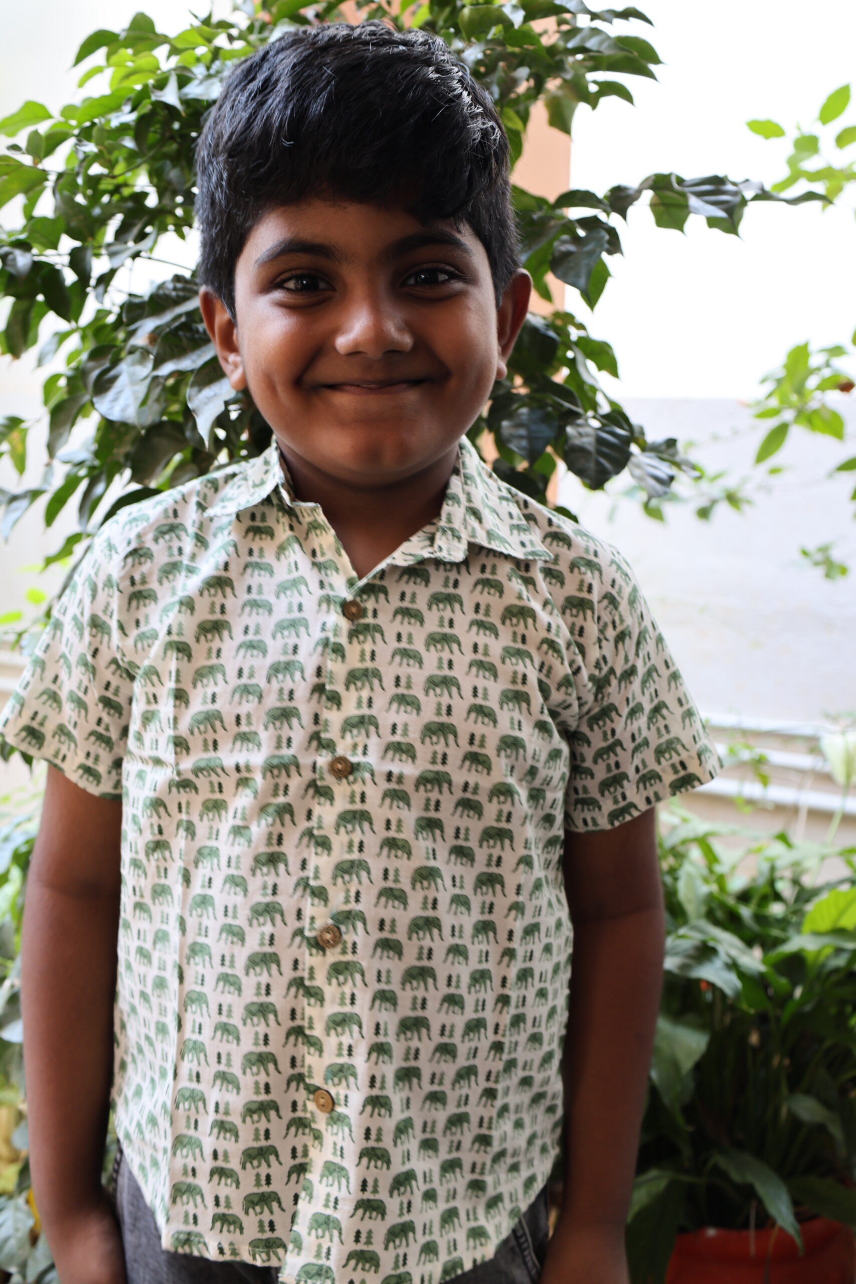 Cotton Kids Boys Shirt White With Green Elephant