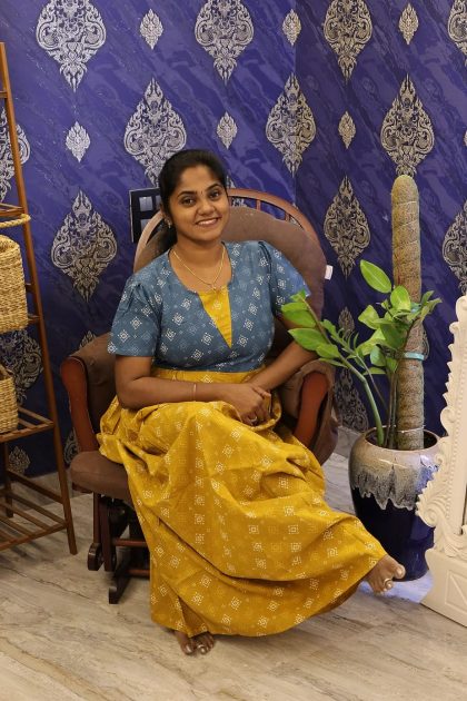 CottonStylish Nighty Mustard Yellow With Teal Blue