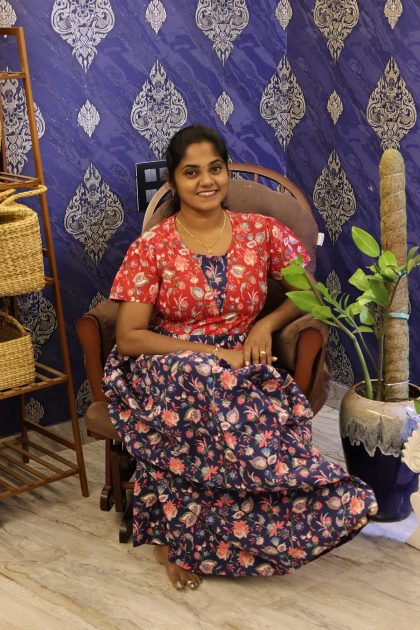 Cotton Stylish Nighty Navy Blue With Red Floral