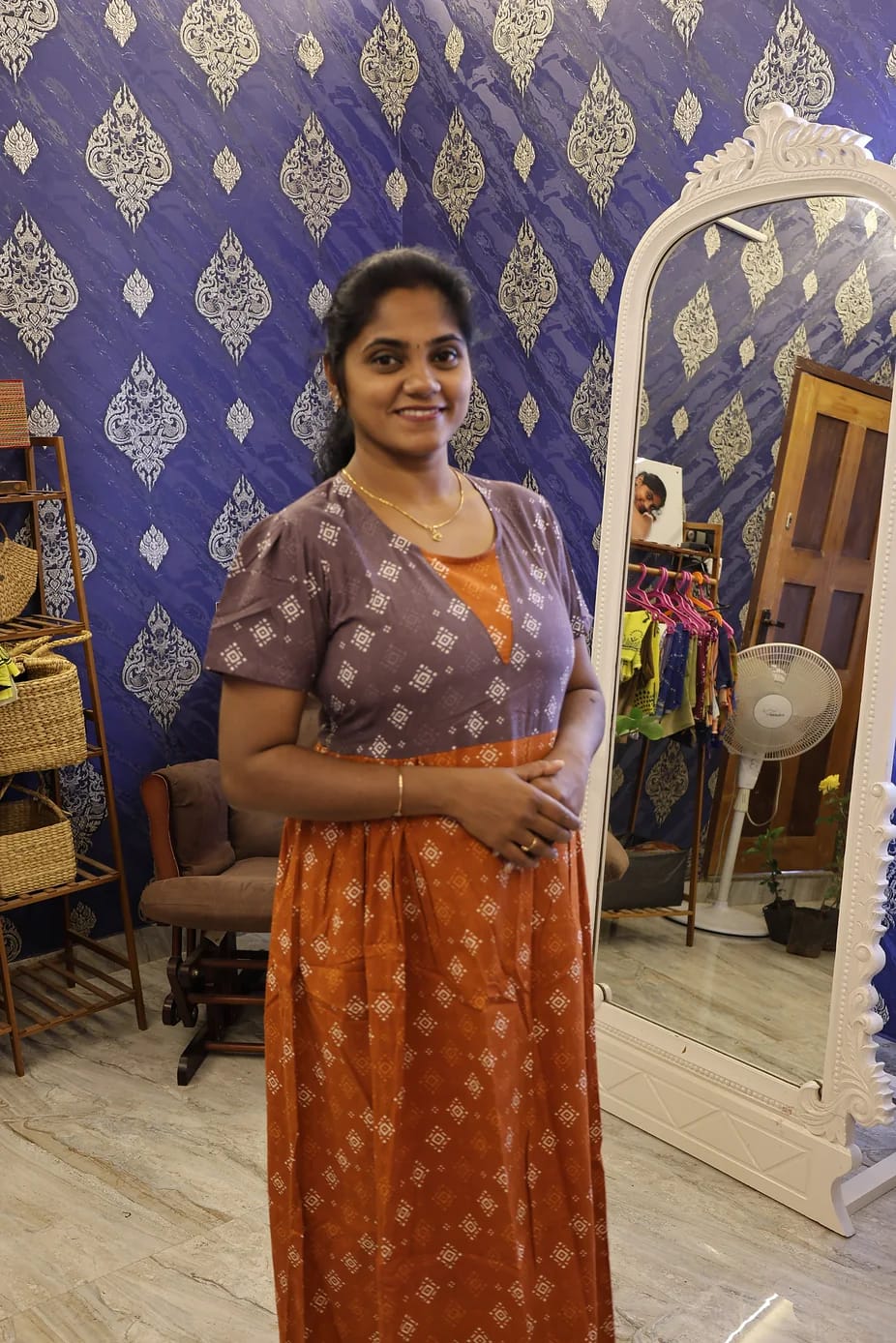 Cotton Stylish Nighty Rust Orange With Grey - Image 3