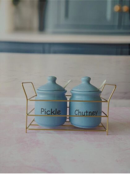 Sea Blue Ceramic Kichi Pickle And Chutney Jar