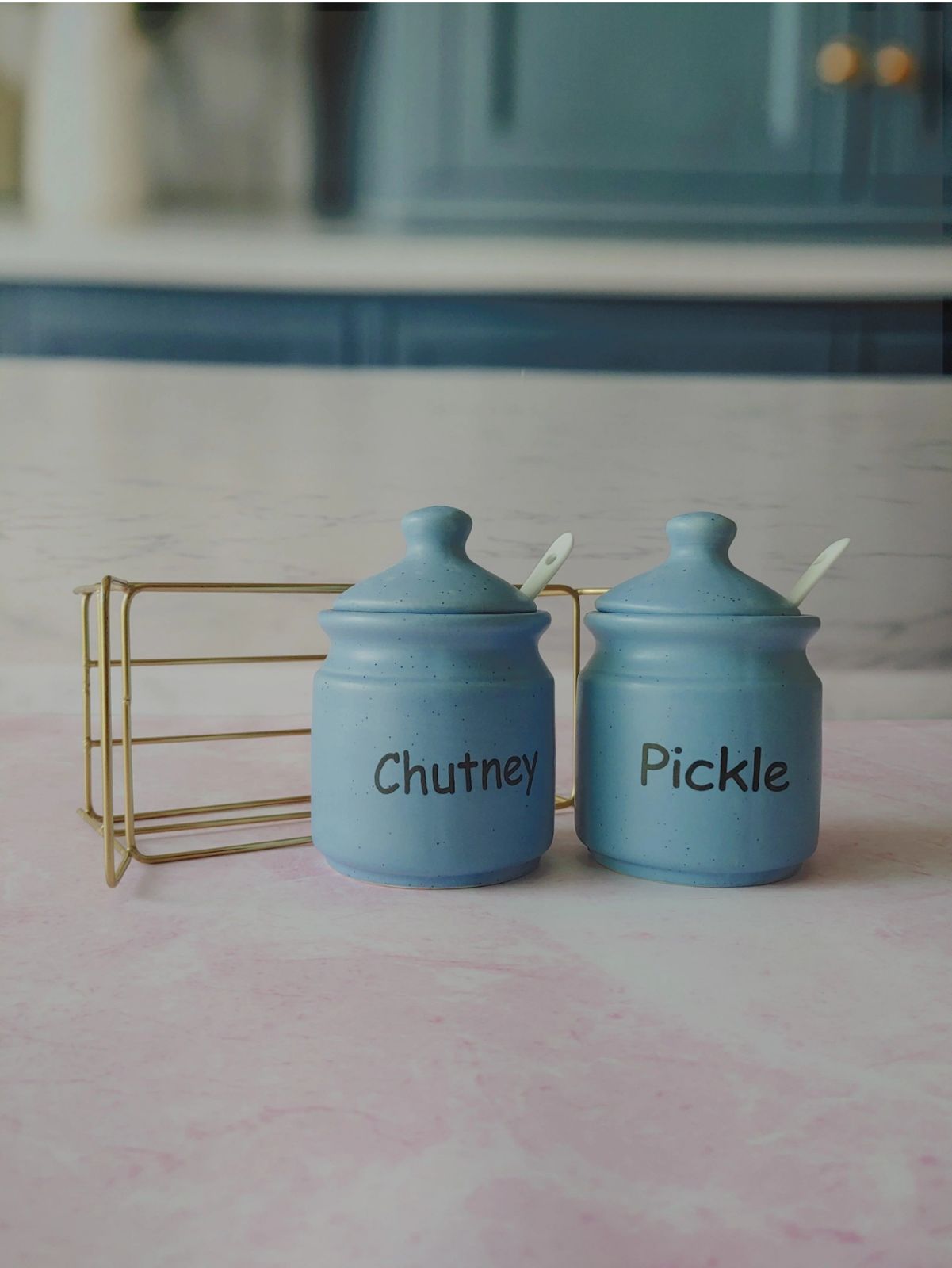 Sea Blue Ceramic Kichi Pickle And Chutney Jar - Image 3