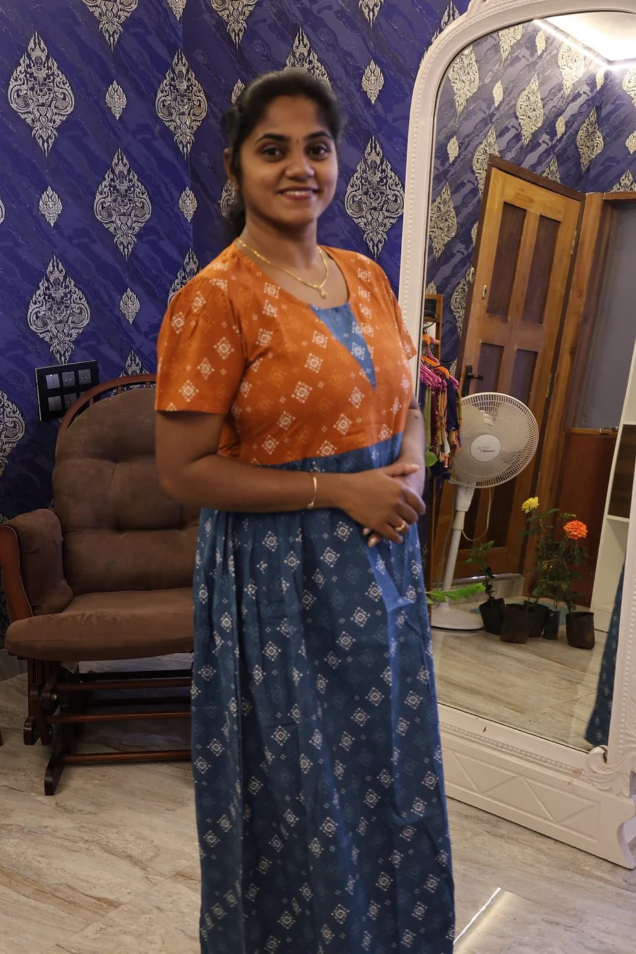 Cotton Stylish Nighty Teal Blue With Rust Orange - Image 3