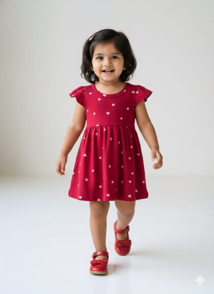 ✨ Spun Fabric Kids Frocks ✨ Red With White Heart