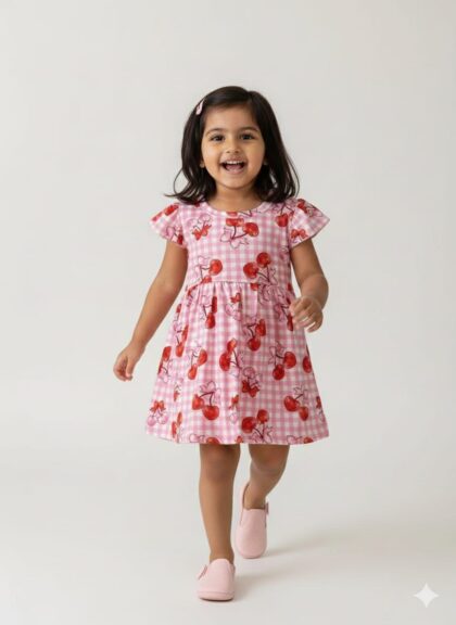✨ Spun Fabric Kids Frocks ✨Baby Pink With Cherry