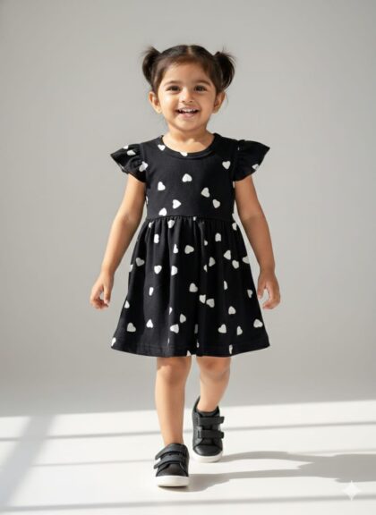 ✨ Spun Fabric Kids Frocks ✨ Black With White Heart