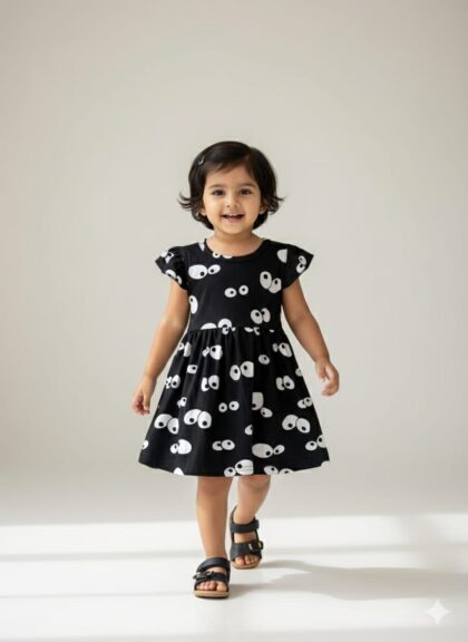 ✨ Spun Fabric Kids Frocks ✨ Black With Eyes