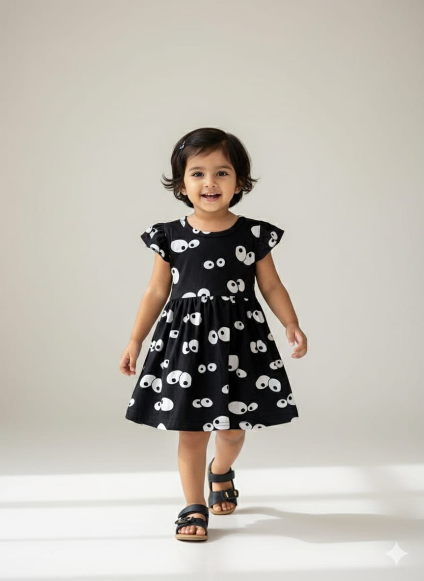 ✨ Spun Fabric Kids Frocks ✨ Black With Eyes
