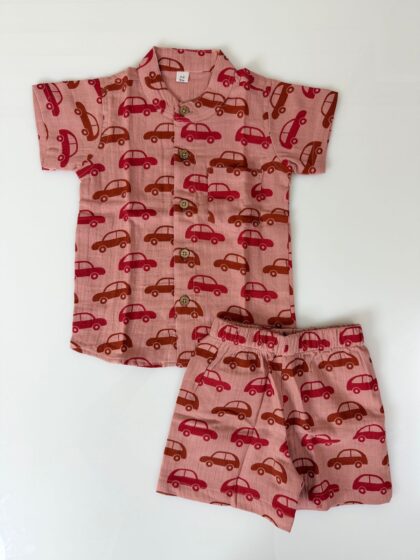 Boys Shirt & Shorts Co-ord Set Mauve Car