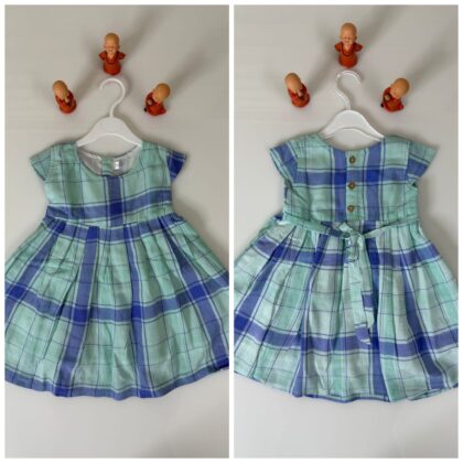 Cotton Soft Lininig Kids Frock Green With Blue Check