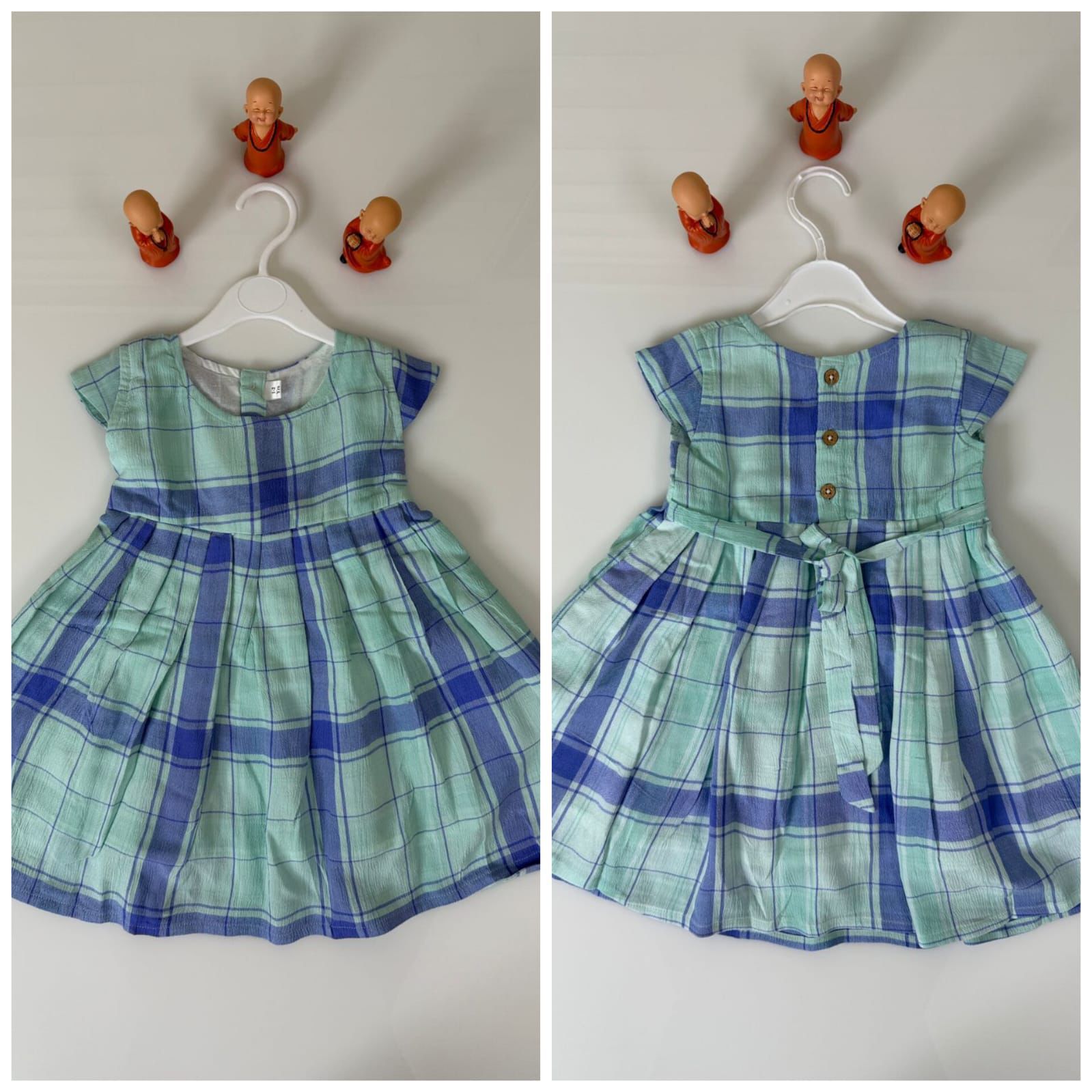 Cotton Soft Lininig Kids Frock Green With Blue Check