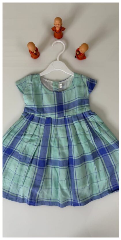 Cotton Soft Lininig Kids Frock Green With Blue Check