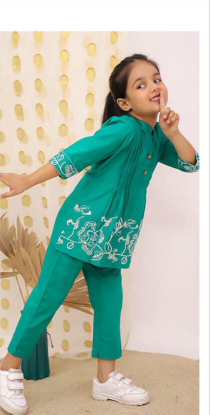 Pure Cotton Embroidery Co-Ord Set Green