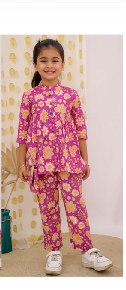 Cotton Kids 7 Button Peplum Coord Set Pink Floral