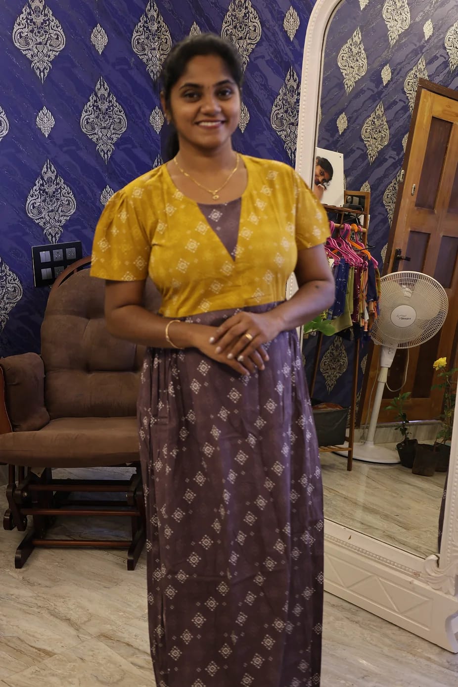 Cotton Stylish Nighty Grey With Mustard Yellow - Image 3