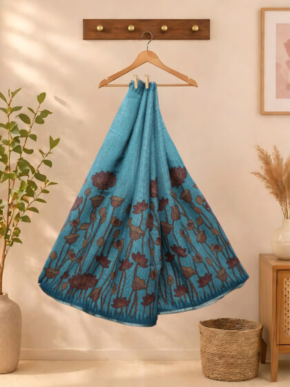 Linen Fabric Sarees Teal Blue