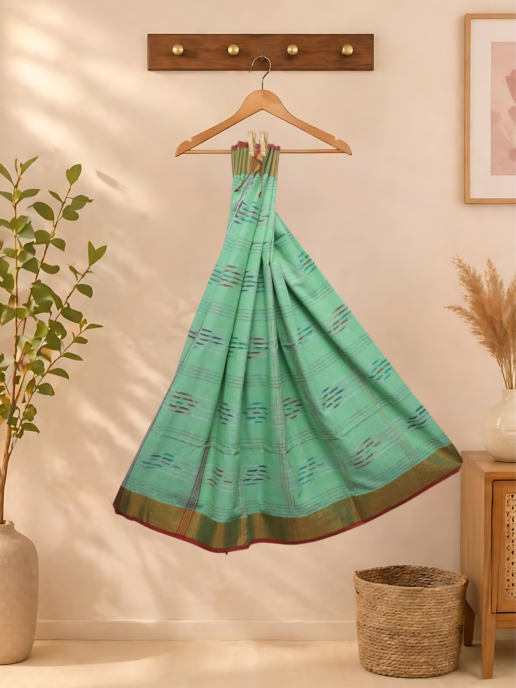 Khadi Cotton Checked Sarees Green - Image 2