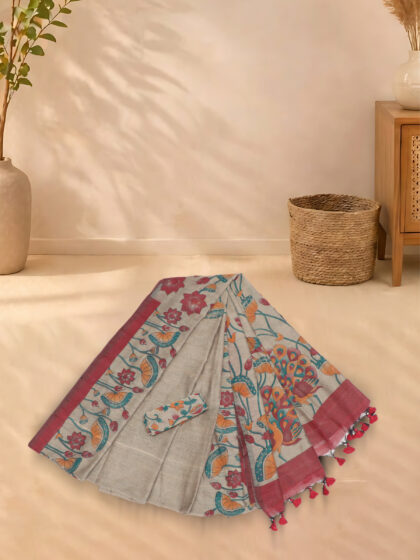 Cotton Weaving Sarees Grey With Red