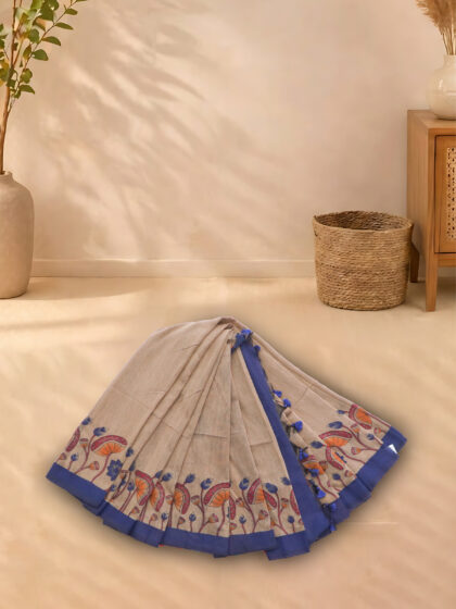 Cotton Weaving Sarees Grey With Royal Blue
