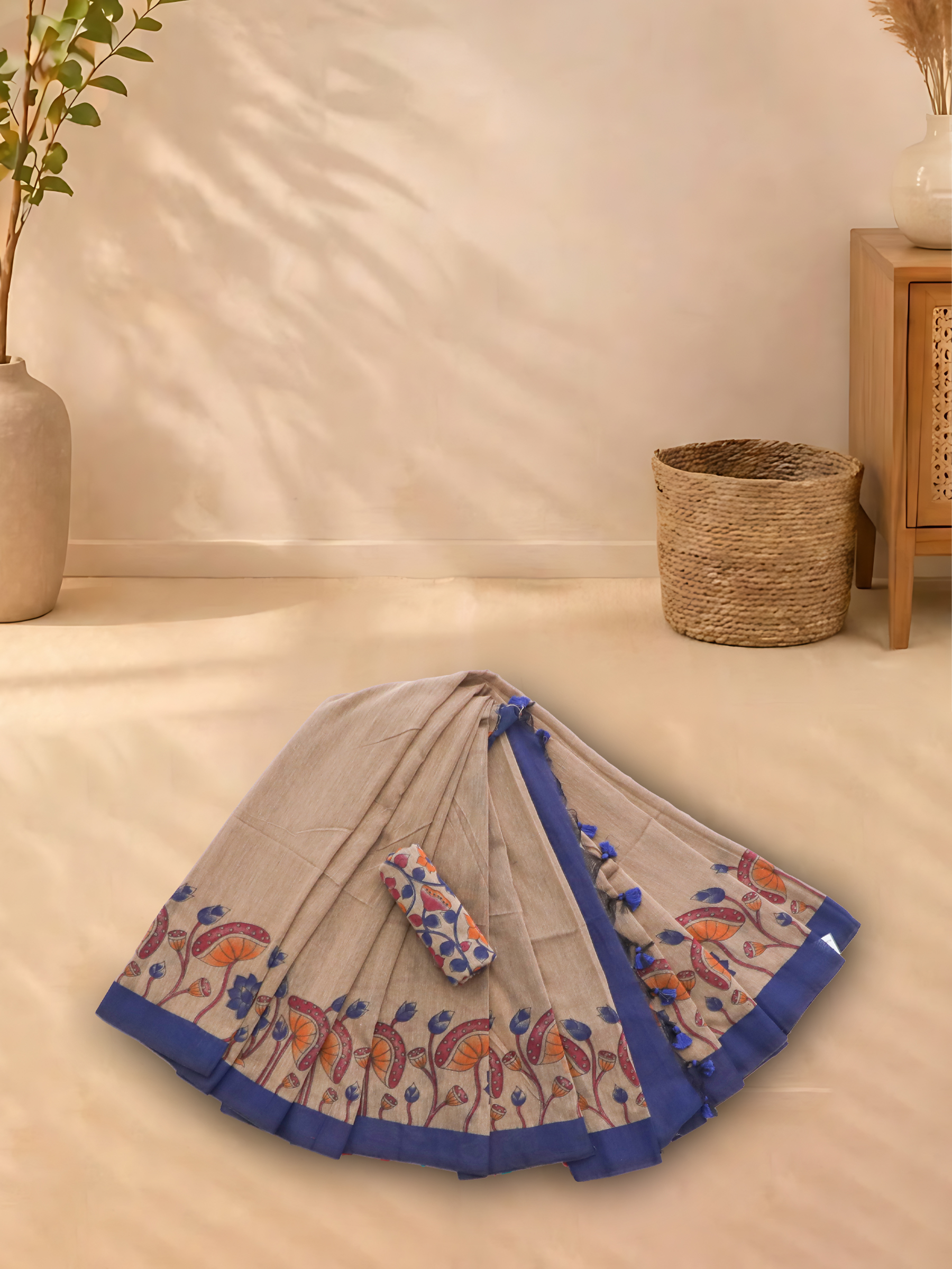 Cotton Weaving Sarees Grey With Royal Blue - Image 2