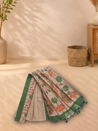 Cotton Weaving Sarees Grey With Leaf Green