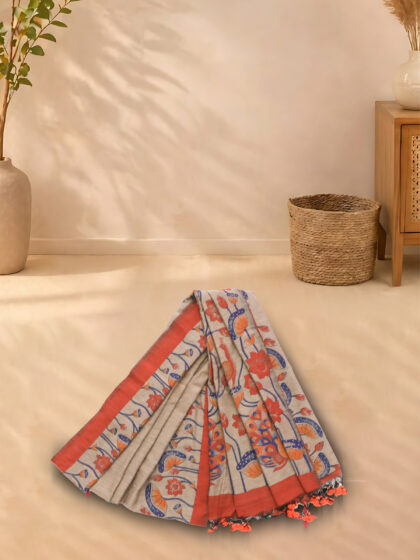 Cotton Weaving Sarees Grey With Orange