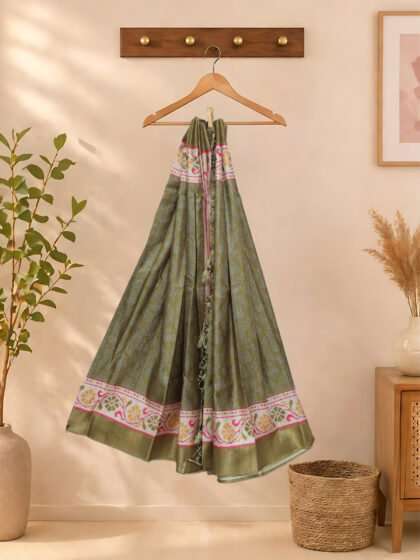 Silk Printed Saree Olive Green