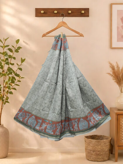 Chanderi Cotton Sarees Green With Orange