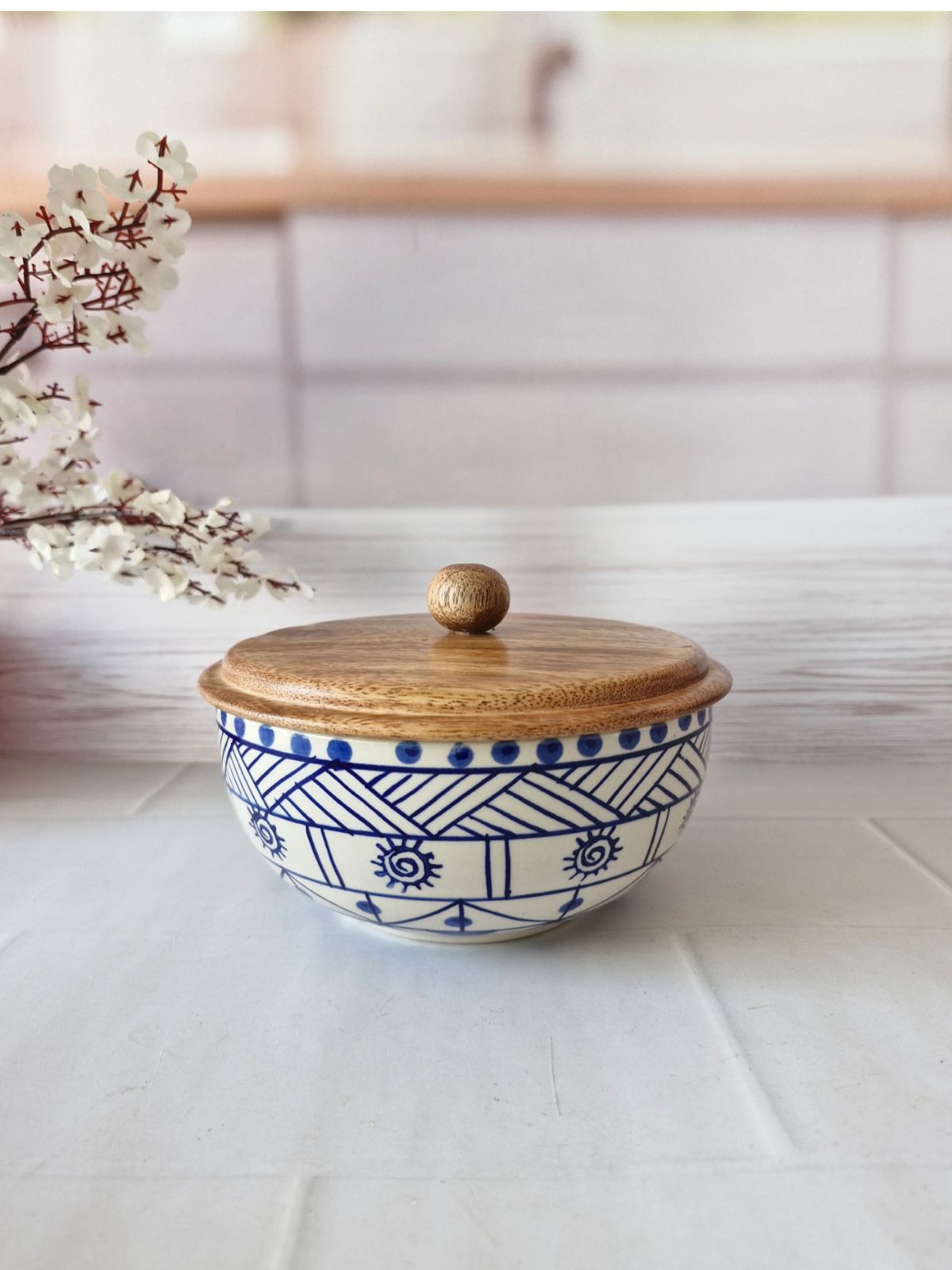 Blue Wonder Handpainted Ceramic Serving Round Dining Bowls with Lid - Image 2