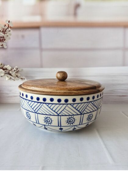 Blue Wonder Handpainted Ceramic Serving Round Dining Bowls with Lid