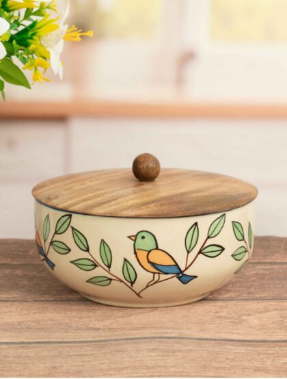 Handpainted Ceramic Bowls with Lid Serving and Storing - Sparrow