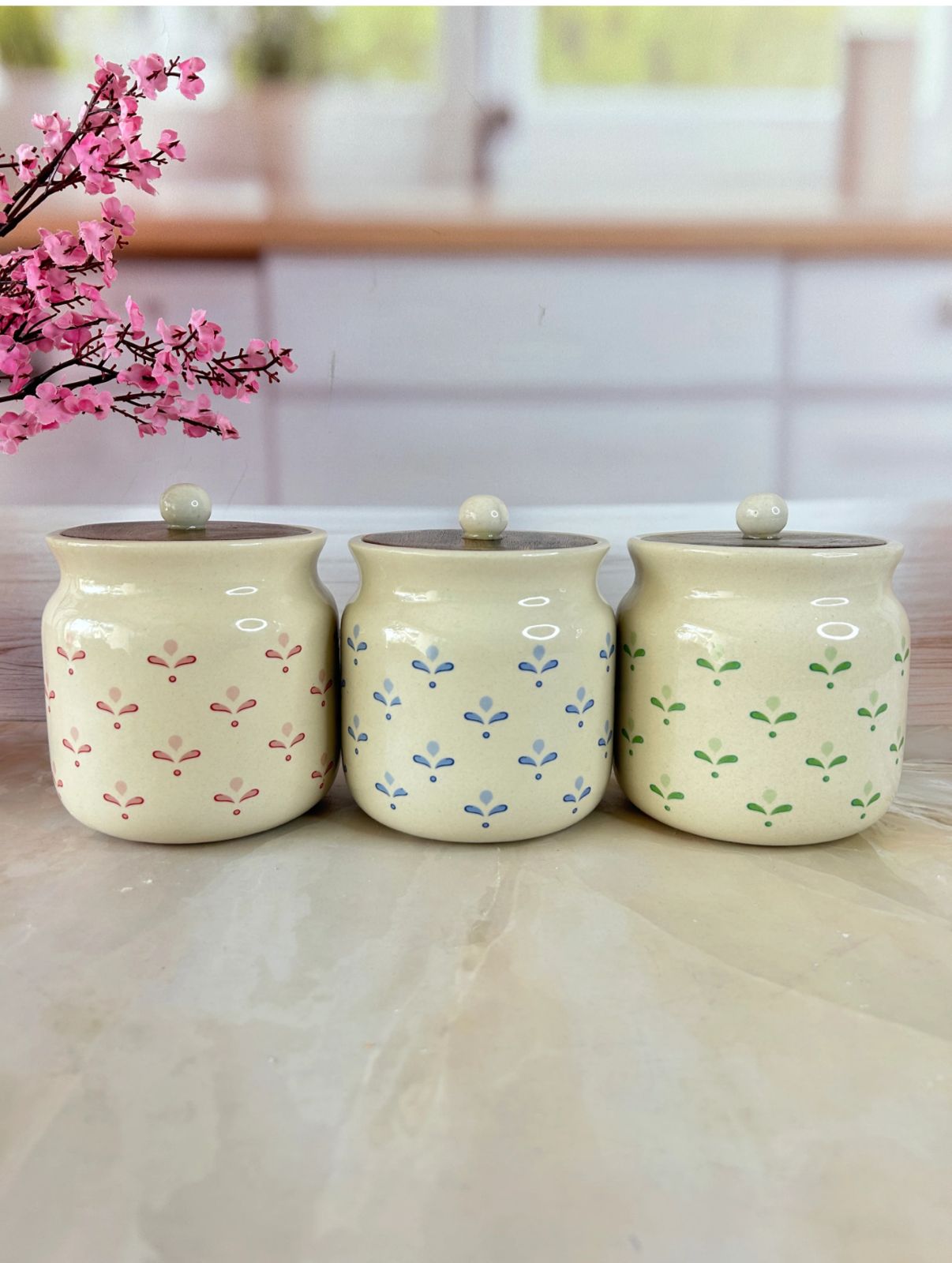 Daisy Flower Colour Sweet Home Airtight Matka Solid Ceremic Canisters (500ml) set of 3