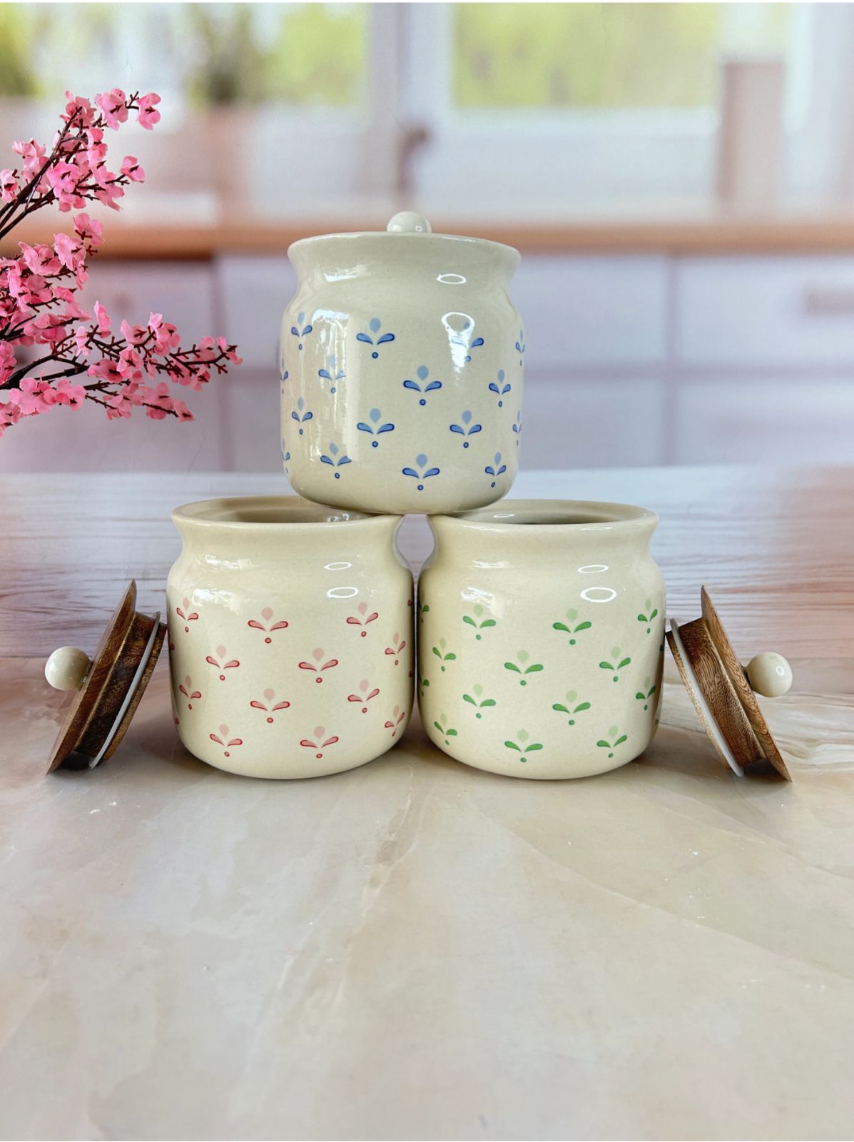Daisy Flower Colour Sweet Home Airtight Matka Solid Ceremic Canisters (500ml) set of 3 - Image 6
