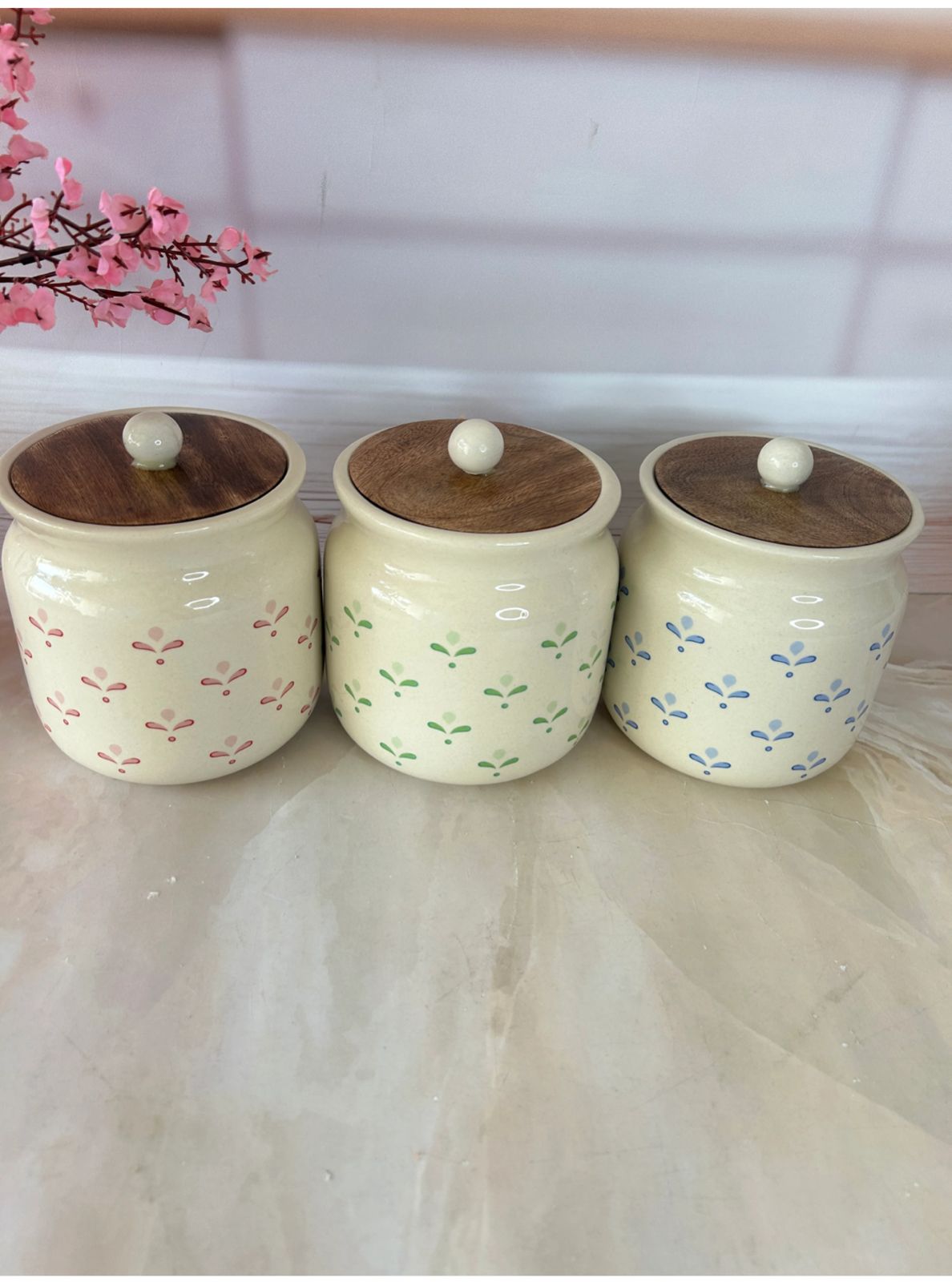 Daisy Flower Colour Sweet Home Airtight Matka Solid Ceremic Canisters (500ml) set of 3 - Image 4