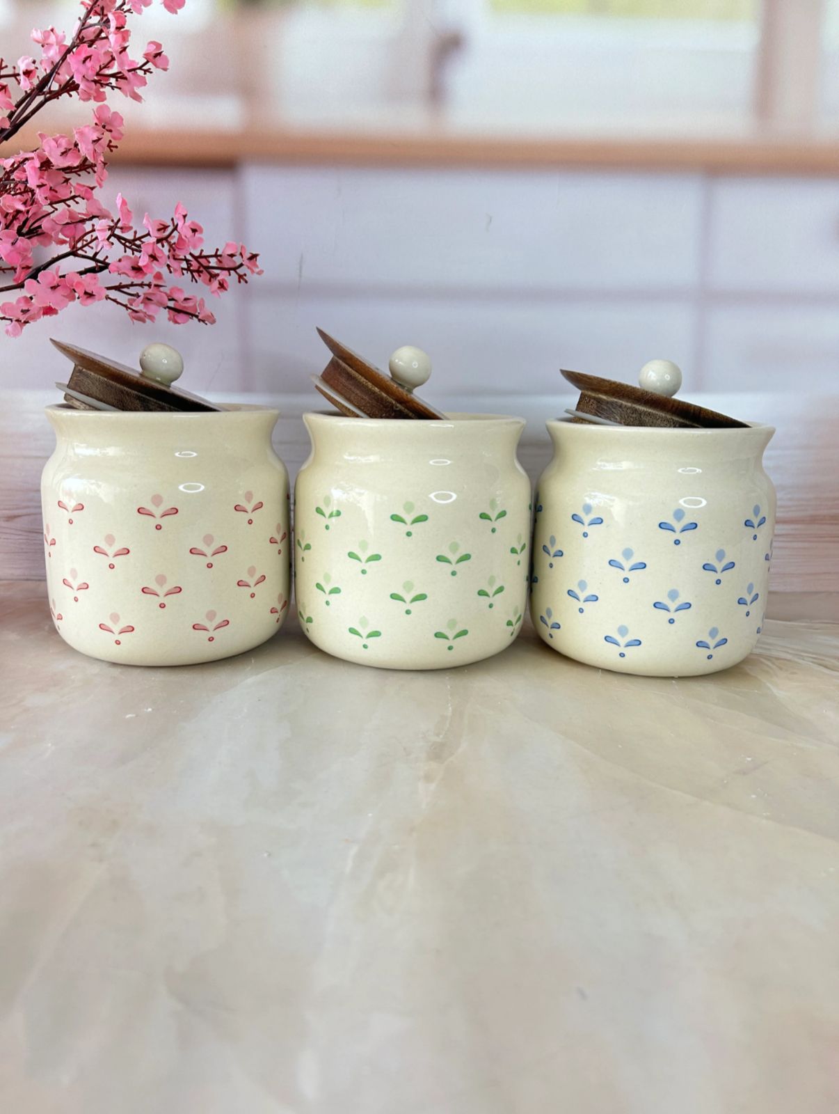 Daisy Flower Colour Sweet Home Airtight Matka Solid Ceremic Canisters (500ml) set of 3 - Image 2