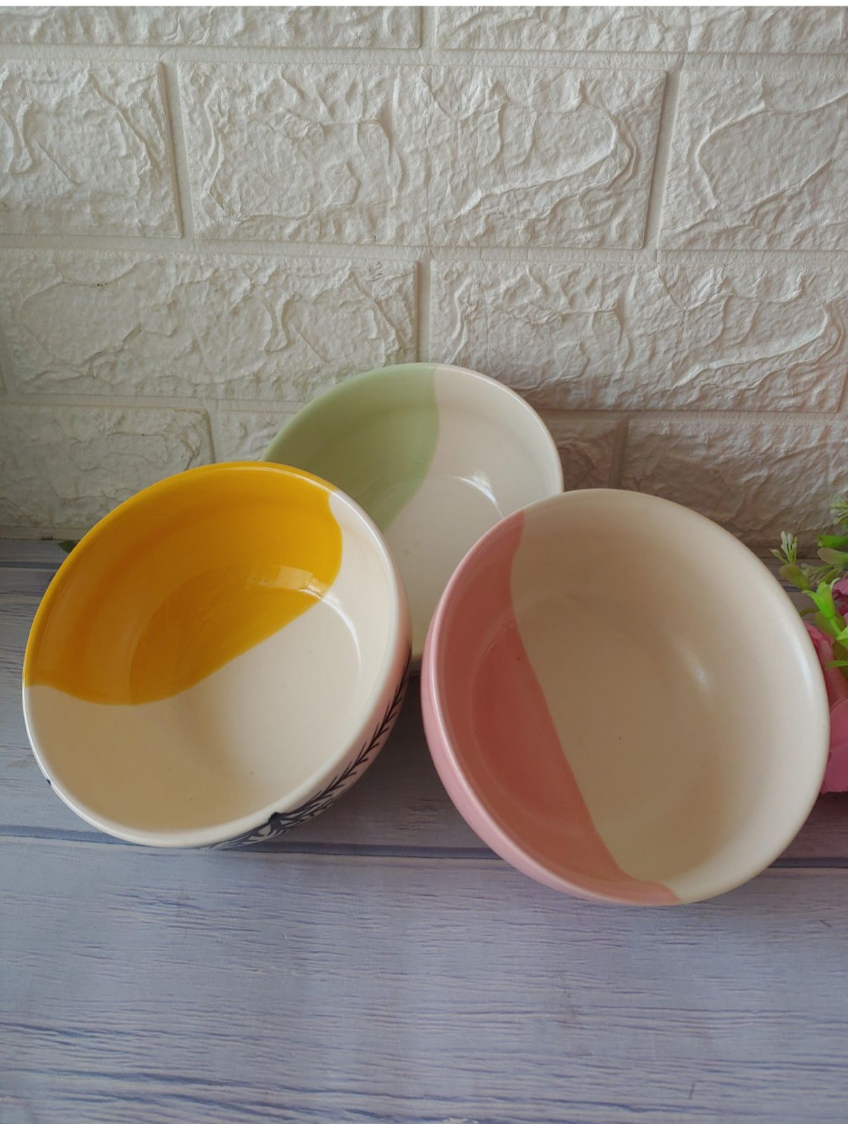 Lotus Flower Handpainted Designer Ceramic Serving Bowls set of 3 - Image 3