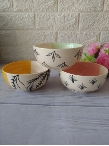 Lotus Flower Handpainted Designer Ceramic Serving Bowls set of 3