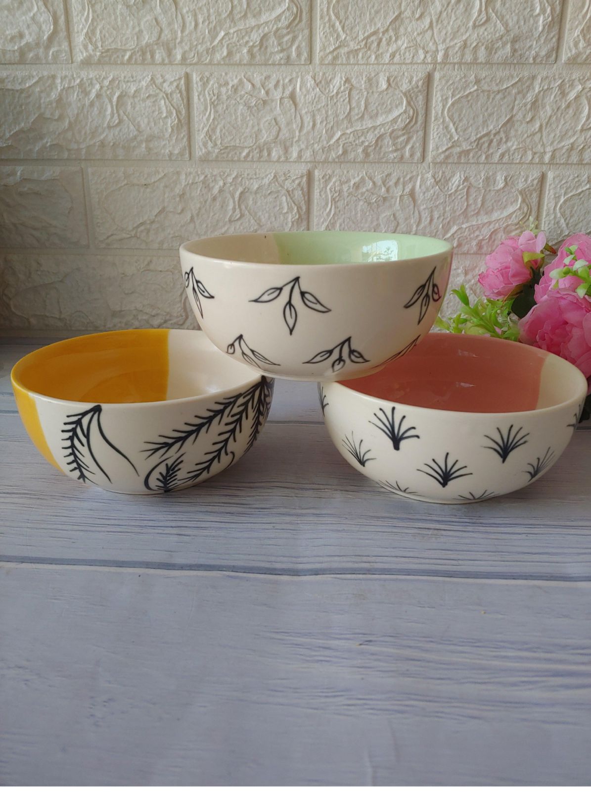 Lotus Flower Handpainted Designer Ceramic Serving Bowls set of 3