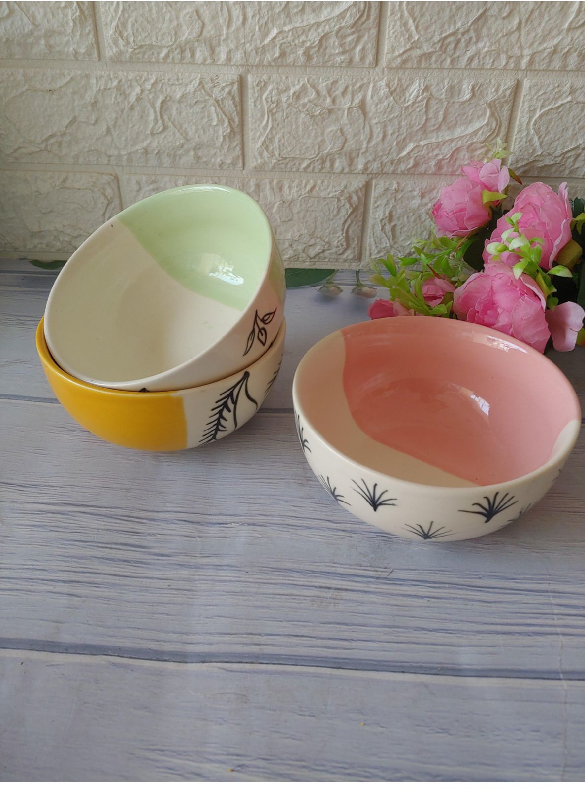Lotus Flower Handpainted Designer Ceramic Serving Bowls set of 3 - Image 2