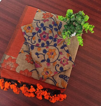 Cotton Weaving Sarees Grey With Orange