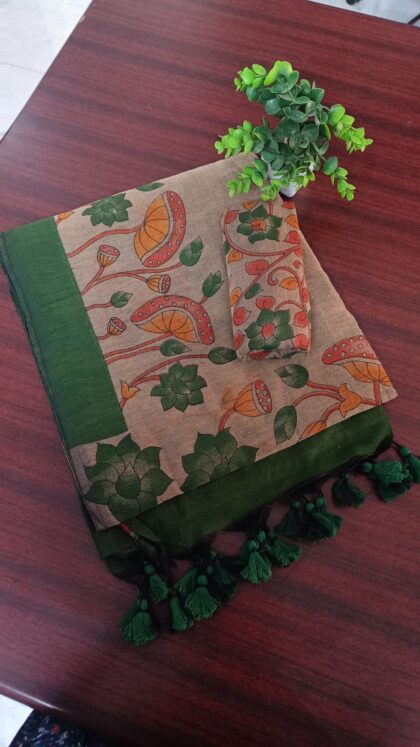 Cotton Weaving Sarees Grey With Leaf Green