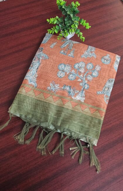Chanderi Cotton Sarees Green With Orange